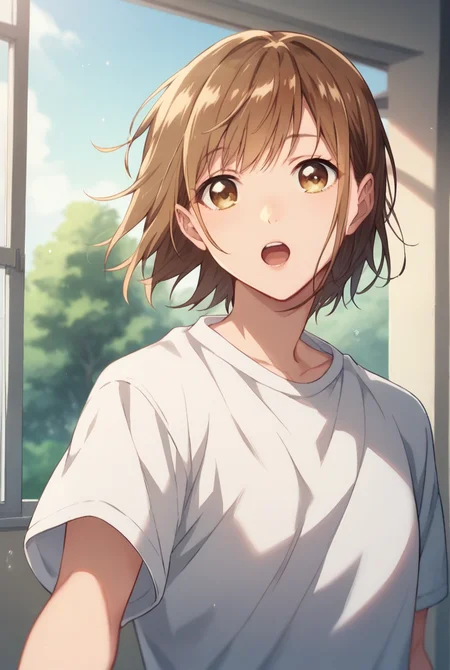 score_9_up,score_8_up,score_7_up,<lora:BB_CK_pony-000016:1>,
BB_CK,solo,white t-shirt,brown hair,brown eyes,looking at viewer,t-shirt,short sleeves,indoors,upper body,standing,short hair,open mouth,blurry,day,tree
