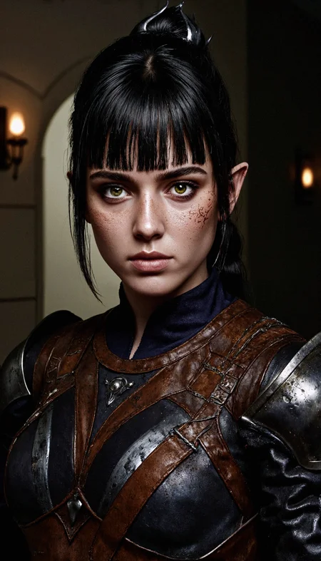 A highly detailed portrait of Sh4d0wh34rt, her expression intense and commanding. Her face is marked with streaks of blood, some dripping onto her neck, adding to her battle-hardened and ruthless appearance. She is wearing dark, weathered leather armor that shows signs of wear and dirt from countless encounters.
The background is a dimly lit stone corridor, its walls rough and ancient, evoking the atmosphere of a dungeon or a fortress. Flickering torches mounted on the walls cast a faint, uneven light, creating dramatic shadows across her sharp features and the textured surfaces of her armor. The composition is intimate, capturing every detail of her face, from the smudges of dirt and blood to the cold intensity of her gaze. The lighting emphasizes the contrast between her dark armor and the warm glow of the torches, enhancing the mood of the scene.
The image is shot using a high-end DSLR or mirrorless camera, such as a Canon EOS R5 or Nikon Z8, with a 50mm f/1.2 lens for shallow depth of field. The focus is razor-sharp on her face, with a soft bokeh effect blurring the background, drawing the viewer’s attention to her haunting and powerful presence.