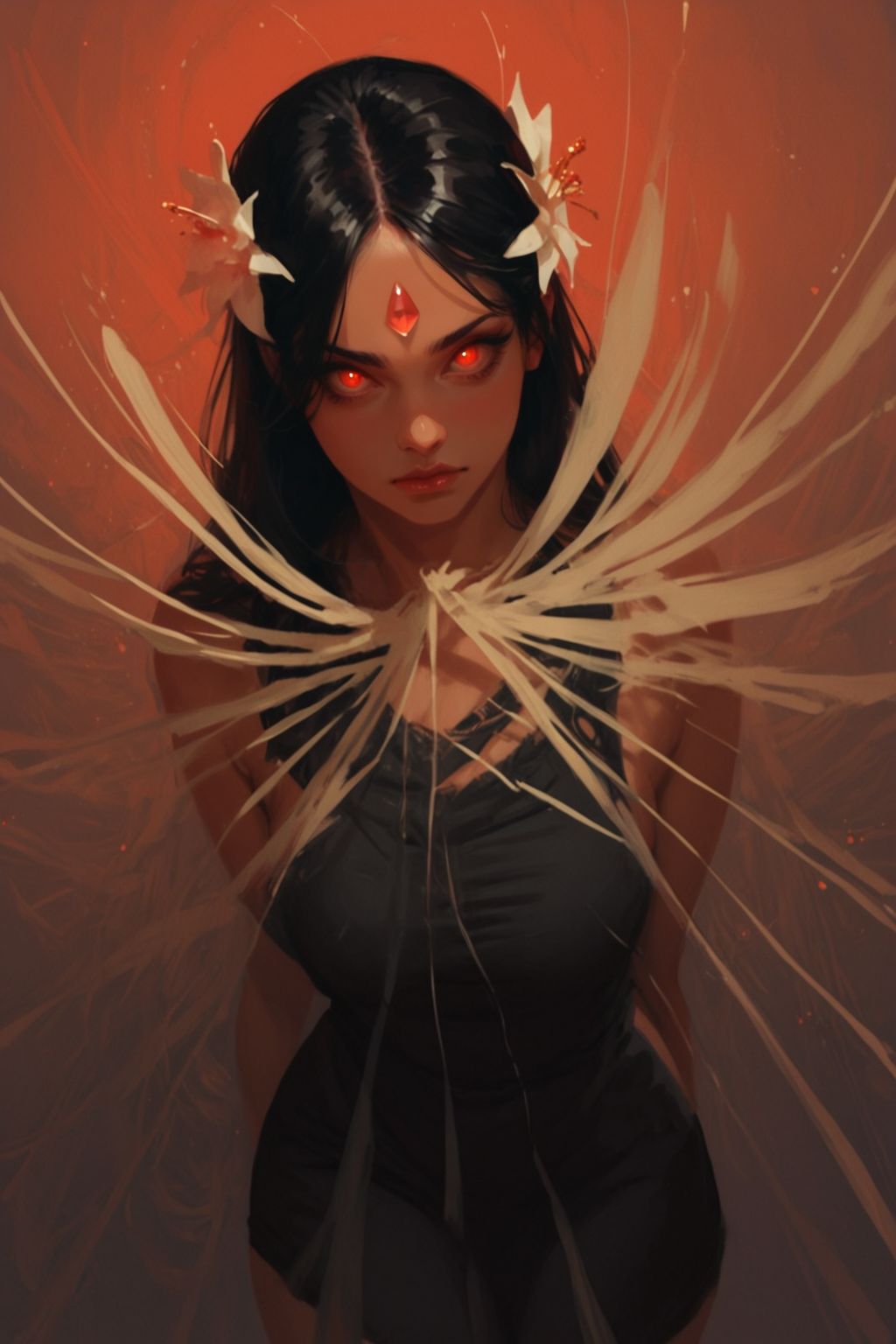 1girl, solo, red eyes, black hair, glowing, long hair, looking at viewer, dress, forehead jewel, closed mouth, glowing eyes, flower,  cowboy shot, parted bangs, breasts, hair ornament, web,, zPDXL3, detailxl,  Score_PnyReal, (lineless:1.5)