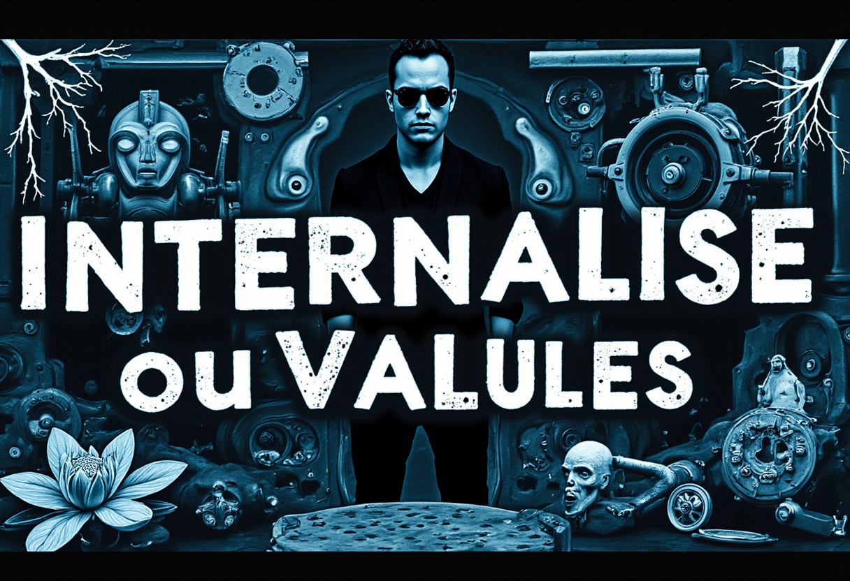 the words 'INTERNALISE OUR VALUES' written in large font fills the front of frame. In the back of frame weird man with in a dark room with checkerboard blue lotus PEOPLE ARE trapped inside machinery, people crushed inside mechanical gears, high gore arms crushed and bent, signs of wailing, people in business suits trapped in machinery. floors with blood on the ground with a white interior cyber tech electricity electical circuits illuminati symbols with brains and vaginas with high technology alchemical background lightning bolts
