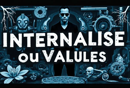 the words 'INTERNALISE OUR VALUES' written in large font fills the front of frame. In the back of frame weird man with in a dark room with checkerboard blue lotus PEOPLE ARE trapped inside machinery, people crushed inside mechanical gears, high gore arms crushed and bent, signs of wailing, people in business suits trapped in machinery. floors with blood on the ground with a white interior cyber tech electricity electical circuits illuminati symbols with brains and vaginas with high technology alchemical background lightning bolts