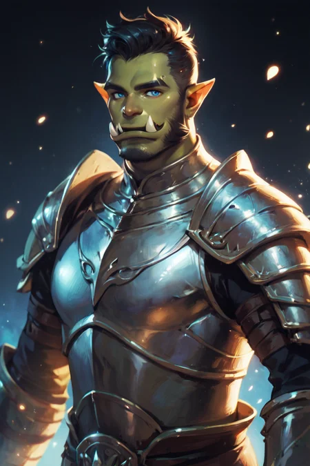 score_9, score_8_up, score_7_up, rating_safe, 1boy, solo, male focus, mature male, orc, green skin, tusks, blue eyes, short hair, black hair, facial hair, beard, mustache, looking at viewer, armor, shoulder armor, breastplate, pauldrons, upper body, closed mouth, standing, outdoors, night, night sky, dark background <lora:Anime Summer Days Style SDXL_LoRA_Pony Diffusion V6 XL:0.8>