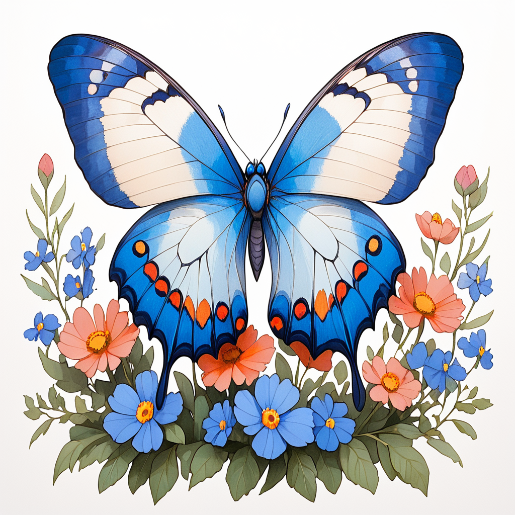 <lora:ArtNouveau2SDXL:1> ArsMJStyle, art nouveau,, The image shows a blue butterfly perched atop a vibrant array of flowers and leaves creating a beautiful and eye-catching piece of art., no humans, flower, bug, butterfly, butterfly wings, white background, wings, traditional media, still life, simple background