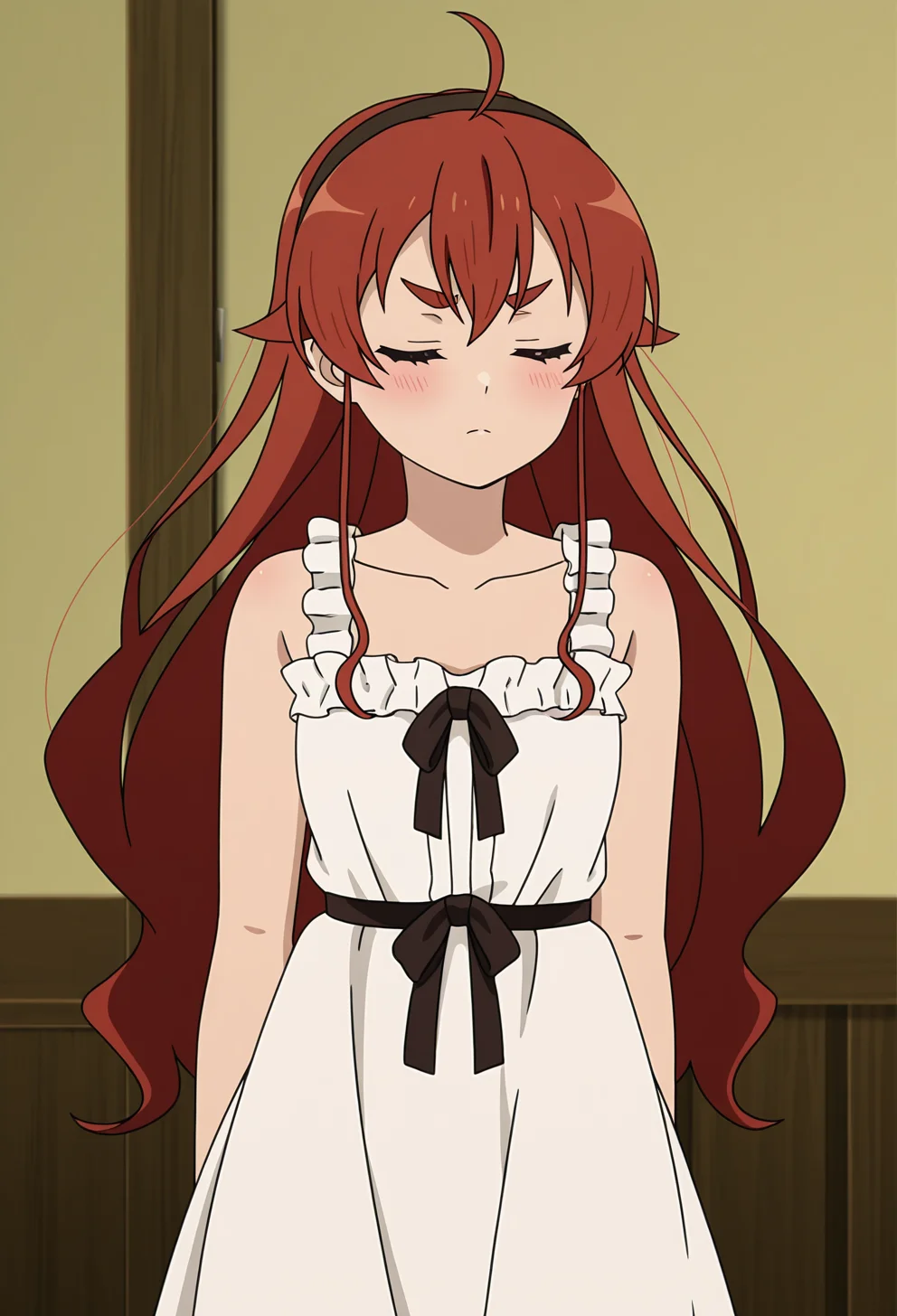 <lora:Eris Greyrat_illustrious-000016:1>,
Eris Greyrat,solo,closed eyes,dress,ahoge,white dress,blush,sleeveless,closed mouth,indoors,sleeveless dress,collarbone,thick eyebrows,frills,bare shoulders,parody,anime screencap