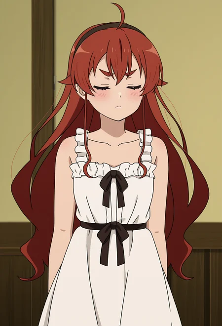 <lora:Eris Greyrat_illustrious-000016:1>,
Eris Greyrat,solo,closed eyes,dress,ahoge,white dress,blush,sleeveless,closed mouth,indoors,sleeveless dress,collarbone,thick eyebrows,frills,bare shoulders,parody,anime screencap