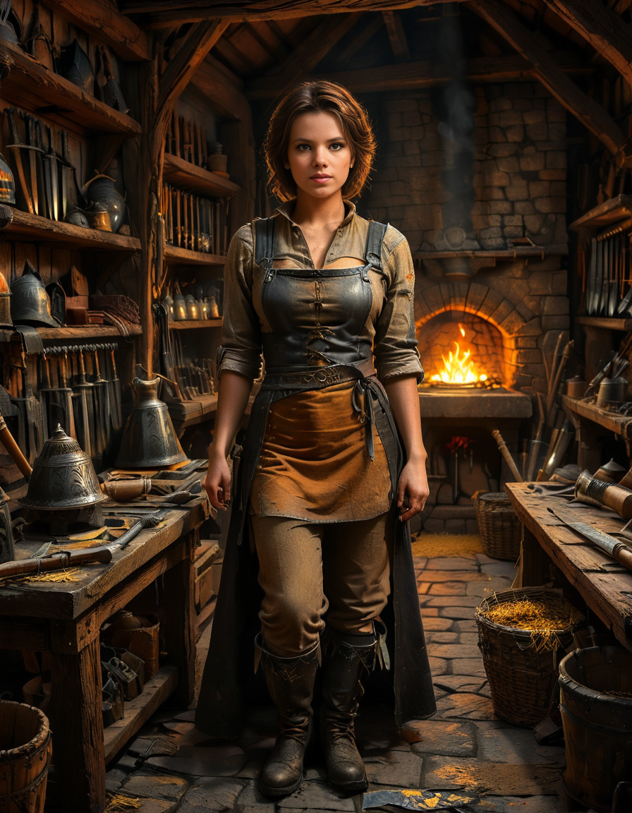 looking at viewer,(A strong and elegant female,1girl,short brown hair,medium breasts:1.3), blacksmith standing confidently in her medieval forge shop,medieval f0rg3 sh0p. She has a determined expression on her face, with soot and ash lightly marking her skin. She is wearing a thick leather apron with scorch marks, a rolled-up linen shirt underneath, and sturdy boots. Her muscular arms are visible, showing the strength of her craft. The background shows a dimly lit, rustic workshop filled with medieval tools: an anvil, a glowing furnace, hanging tongs, and shelves lined with metallic objects like swords and horseshoes. The warm orange glow of the fire contrasts beautifully with the dark, shadowy corners of the shop. The atmosphere is filled with details of realism, evoking a sense of hard work and medieval craftsmanship.<lora:SDXLFaeTastic2400:0.4> <lora:extremely_detailed:0.4> extremely detailed, <lora:medieval_f0rg3_sh0p:1>, Masterpiece,best quality,hi res,8k,hi res,8k,award winning,(sharp focus, intricate, highly detailed),