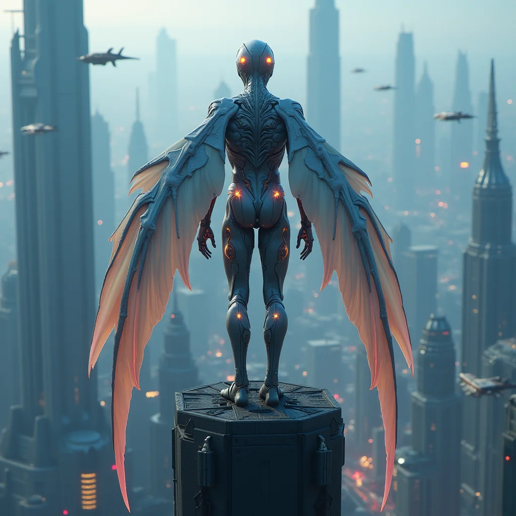 A hyper-realistic photograph of a bioengineered humanoid from behind, their sleek, muscular body a blend of organic and mechanical components. Their large, bioengineered wings, are attached seamlessly to their scapula, with a visible joint where the wing meets the back. The wings are made of a translucent, iridescent material, pulsing with a soft, otherworldly glow. The creature stands atop a towering skyscraper in a futuristic cityscape, bathed in neon lights that cast dramatic shadows. The cityscape is a blend of sleek, minimalist architecture and towering, organic structures, with flying cars and hovering platforms zipping through the sky. The creature's eyes, glowing with an unnatural intelligence, gaze out over the city.
Render in 8K resolution with a shallow depth of field, focusing on the intricate details of the creature's body and large wings with a visible joint where the wing meets the back