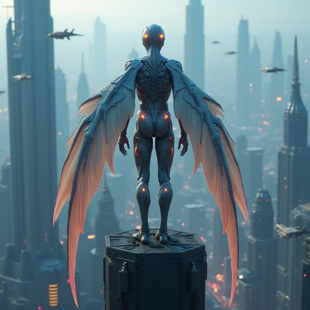 A hyper-realistic photograph of a bioengineered humanoid from behind, their sleek, muscular body a blend of organic and mechanical components. Their large, bioengineered wings, are attached seamlessly to their scapula, with a visible joint where the wing meets the back. The wings are made of a translucent, iridescent material, pulsing with a soft, otherworldly glow. The creature stands atop a towering skyscraper in a futuristic cityscape, bathed in neon lights that cast dramatic shadows. The cityscape is a blend of sleek, minimalist architecture and towering, organic structures, with flying cars and hovering platforms zipping through the sky. The creature's eyes, glowing with an unnatural intelligence, gaze out over the city.
Render in 8K resolution with a shallow depth of field, focusing on the intricate details of the creature's body and large wings with a visible joint where the wing meets the back