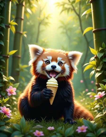 A stunning wildlife photograph capturing a cute and adorable red panda in its natural habitat, nestled among the dense bamboo forests of the Himalayas. The red panda is shown eating ice cream on a beautiful summer's day, with the scene rendered in highly realistic detail. The lighting is soft, and the colors are vibrant, emphasizing the lush green surroundings and the red panda's excited, happy expression as it enjoys the warm, sunny weather.
<lora:DetailAnimals:0.8>