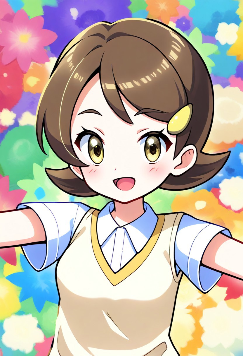 2d, masterpiece, best quality, amazing quality, highres, absurdres, newest, 1girl, solo, standing, smile, open mouth, cowboy shot, upper body, colorful background, multicolored background, color splashes, teammates \(pokemon\), kohai, short hair, brown hair, brown eyes, yellow sweater vest, collared shirt, short sleeves, beige sweater vest, red skirt, miniskirt, score_9, score_8_up, score_7_up,source_anime