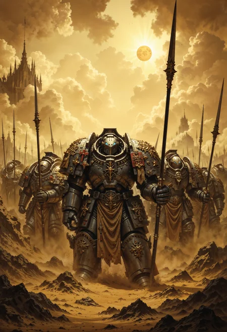 close-up of a high-resolution action scene of a phalanx formation, GreyK40k space marines standing in a tight line, bracing against the onslaught of a fierce sandstorm. The space marines' massive shields lock together, forming an unbreakable wall of metal as they hold their long spears at the ready. The sandstorm swirls violently around them, grains of sand whipping through the air, obscuring the battlefield and darkening the sky. The sun struggles to break through the thick, swirling clouds of sand, casting only faint, dramatic beams of light that illuminate the space marines in a golden, dusty glow. At the front, the commanding officer stands tall, his helmet half-hidden by the chaos of the storm. The space marines, faces grim behind their visors, hold fast, their shields battered by the storm but unyielding. The scene is dynamic and tense, with the sandstorm's fury contrasting against the calm, disciplined resolve of the soldiers. The storm rages around them, but the light from the struggling sun highlights the grit, courage, and defiance of the unit, standing strong against both the elements and the impending battle. <lora:FredFraiStyle-FLUX-Share:0.5>  <lora:Elden_Ring_-_Yoshitaka_Amano:0.75> <lora:- Flux1 - soothing_atmo_V2.0:0.15> <lora:FluxGreyK40k:0.9>