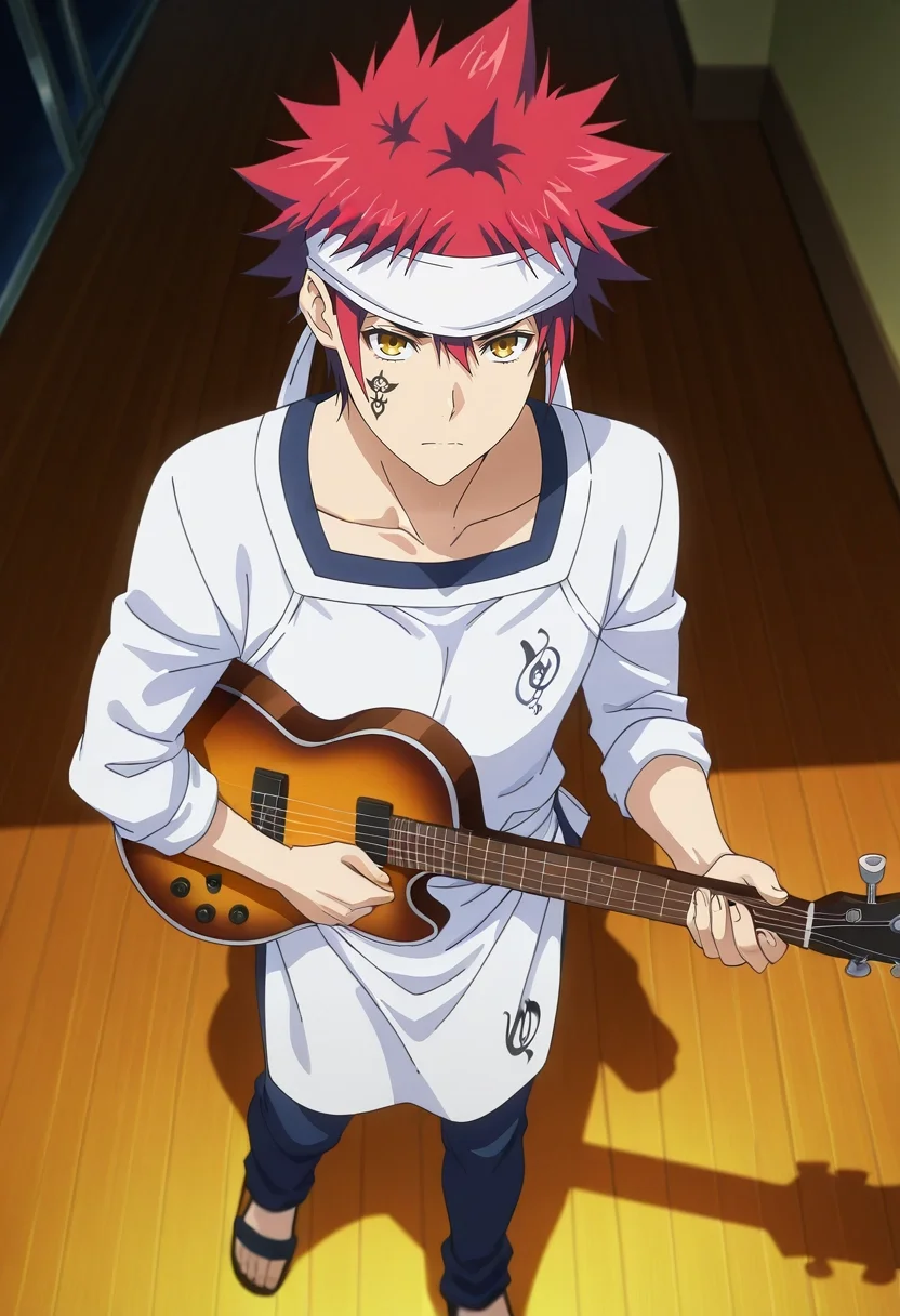 masterpiece, best quality, , anime screencap, anime coloring, official style, looking at viewer, 1boy, solo, male focus, <lora:souma_yukihira_ilxl:1>, souma_yukihira, red hair, yellow eyes, spiked hair, white headband, white apron, from above, lake city, indoors, light, holding instrument, sad, Ski pants, Quatrefoil Dress shirt, Sandals, , Facial Jewels or Tattoos