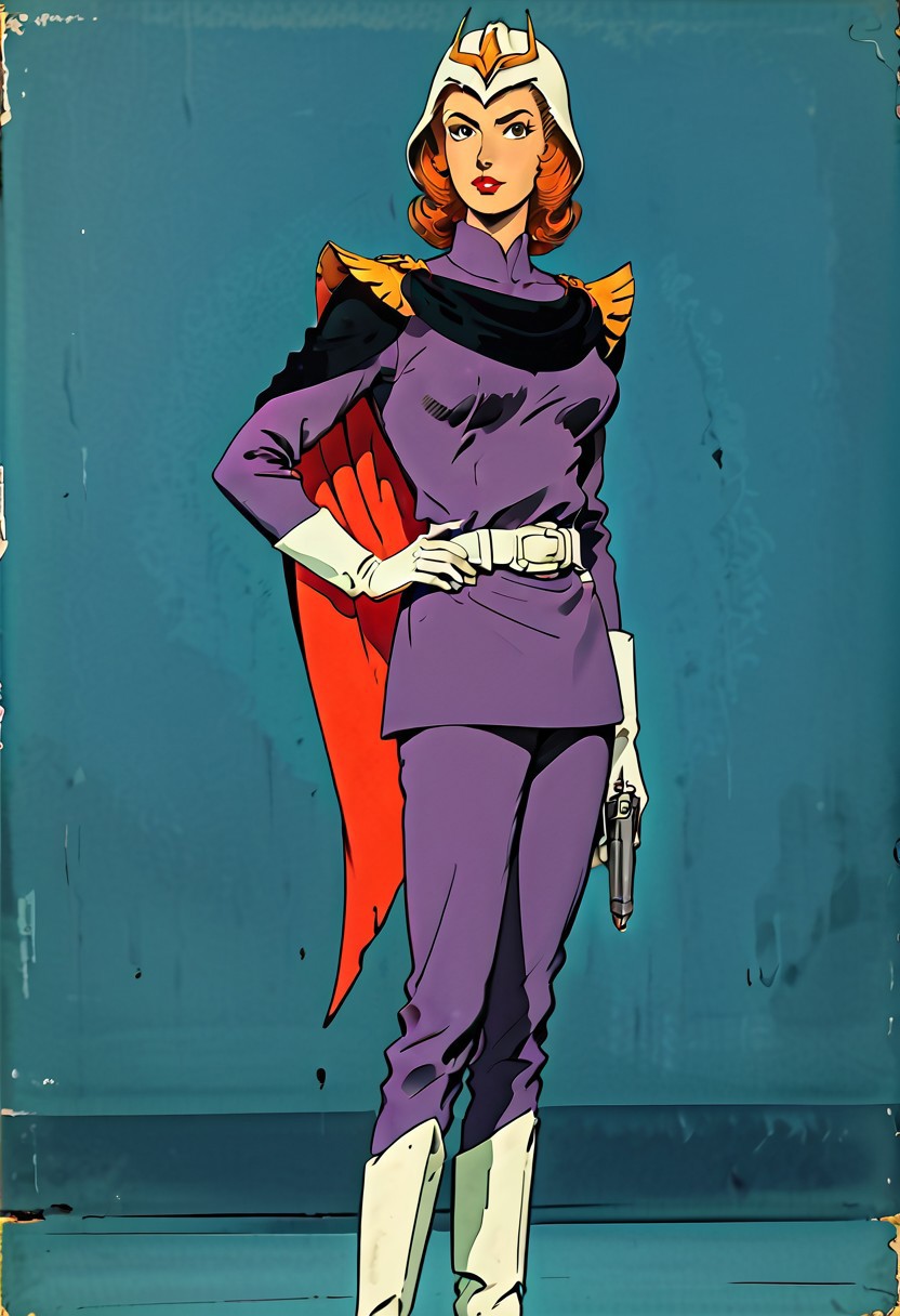 FGKycilia, 1girl, orange hair, no ears, black eyes, lipstick, solo, looking at viewer, military uniform, long sleeves, belt, cape, white gloves, pants, knee boots, helmet, long pistol on hip,