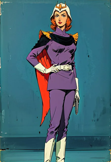 FGKycilia, 1girl, orange hair, no ears, black eyes, lipstick, solo, looking at viewer, military uniform, long sleeves, belt, cape, white gloves, pants, knee boots, helmet, long pistol on hip,