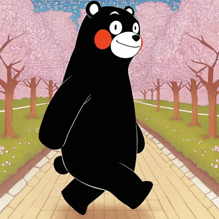 score_9, score_8_up, score_8, furry, Kumamon, bear, black fur, red cheeks, white muzzle, white eyebrows, cartoon style, 2d, solo, walking towards viewer, looking at viewer, smile, walking down street, sakura trees, falling sakura blossoms, sunny, outside