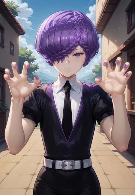 score_9, score_8_up, score_7_up,outdoors, amethystxl12, androgynous, purple hair, short hair,braid,hair over one eye, purple eyes, claw pose, gem uniform (houseki no kuni),black jacket, white shirt, black necktie,white belt, puffy sleeves, short sleeves, black shorts,