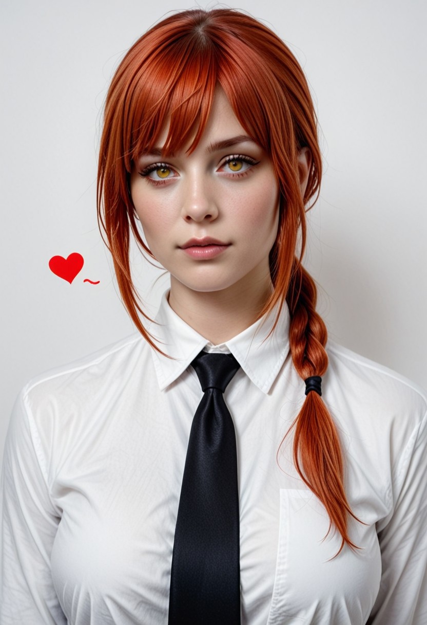 1girl, (semi realism:1.5),
makima_(chainsaw_man), solo, red_hair, yellow_eyes, looking_at_viewer, necktie, ringed_eyes, bangs, collared_shirt, braid, shirt, sidelocks, white_shirt, white_background, formal, suit, heart, simple_background, lips, braided_ponytail,,
(Perspective:1.5),detailed face, beautiful face,
fabulous artwork,Volumetric image, HDR, high contrast,Smooth Quality , masterpiece, best quality, amazing quality, very aesthetic, high resolution,  absurdres,  newest,high contrast color,perfect composition,perspective,incredibly absurdres,  cute, ambient occlusion, highly detailed,shadows,raytracing,ambient occlusion,
z3r0nis,clear lines, sharp image,