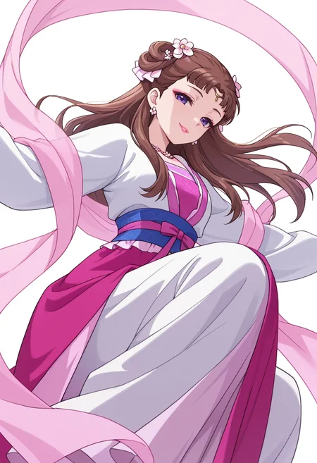 Smooth Quality,masterpiece,very intricate, high quality details, ultra realistic, high detailed skin,detailed enviorement,absurdres,
partially undressed, 
 <lora:Lishu_CNR:0.8> lishu_cnr,brown hair, long hair, purple eyes, makeup, lipstick, lishu_pink_cnr,hanfu, dress, long sleeves, sash, shawl, circlet, flower earrings, necklace,hair flower, hair rings, hair bun,, simple background, white background, from below,
jumping pose, arms spread wide, legs bent mid-air, joyful expression, dynamic energy,  ,seductive smile,