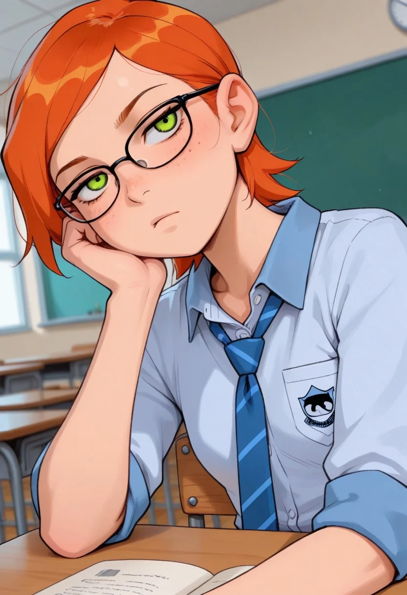 masterpiece, best quality, good quality, very aesthetic, absurdres, newest, 8K, depth of field, focused subject, mythp0rt, detailed face,
stylized, wabi sabi, 
1girl, solo, gwentennyson, orange hair, short hair, green eyes, messy hair, freckles, cute, 
bored,
petite body, small waist, curvy,
small breasts,
school outfit, thick black glasses,
sitting, 
dynamic angle, close up, upper body,
classroom, desk, chairs, windows,