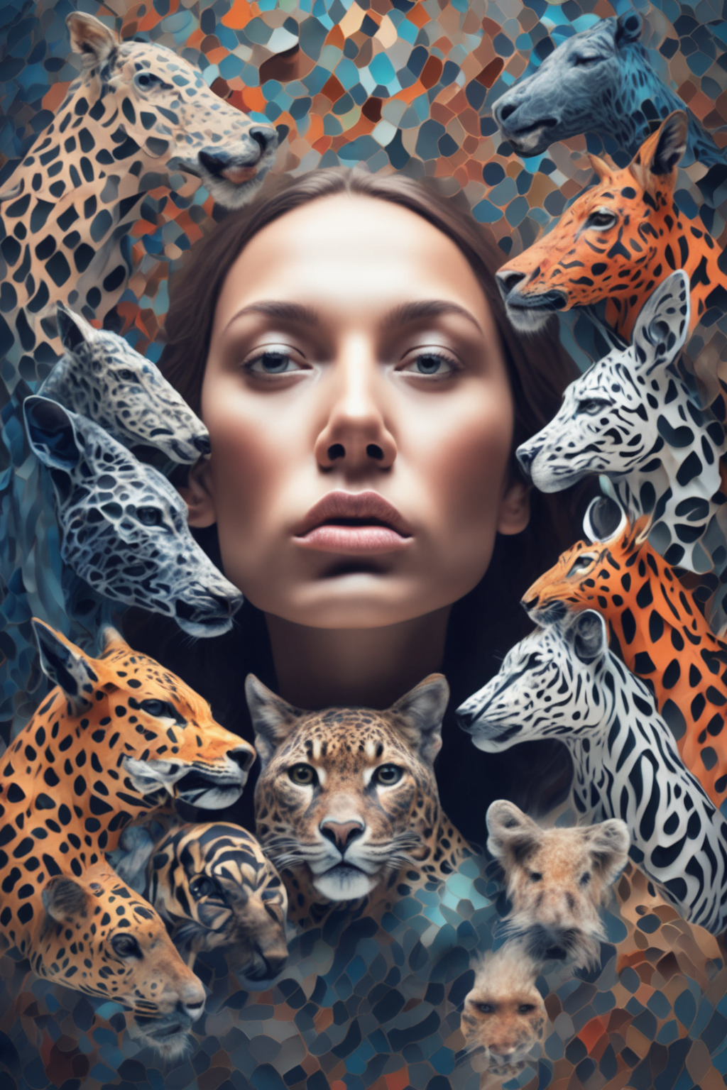 <lora:Surreal Harmony:1>Surreal Harmony - a digital artwork of a person's face morphing into a mosaic of animals.