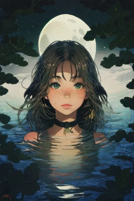 portrait, 1girl, in water, freckles, ripples, long hair, wavy hair, upper body, forest, fox ear, choker, looking at viewer, moon, night, dark photo, blurry background