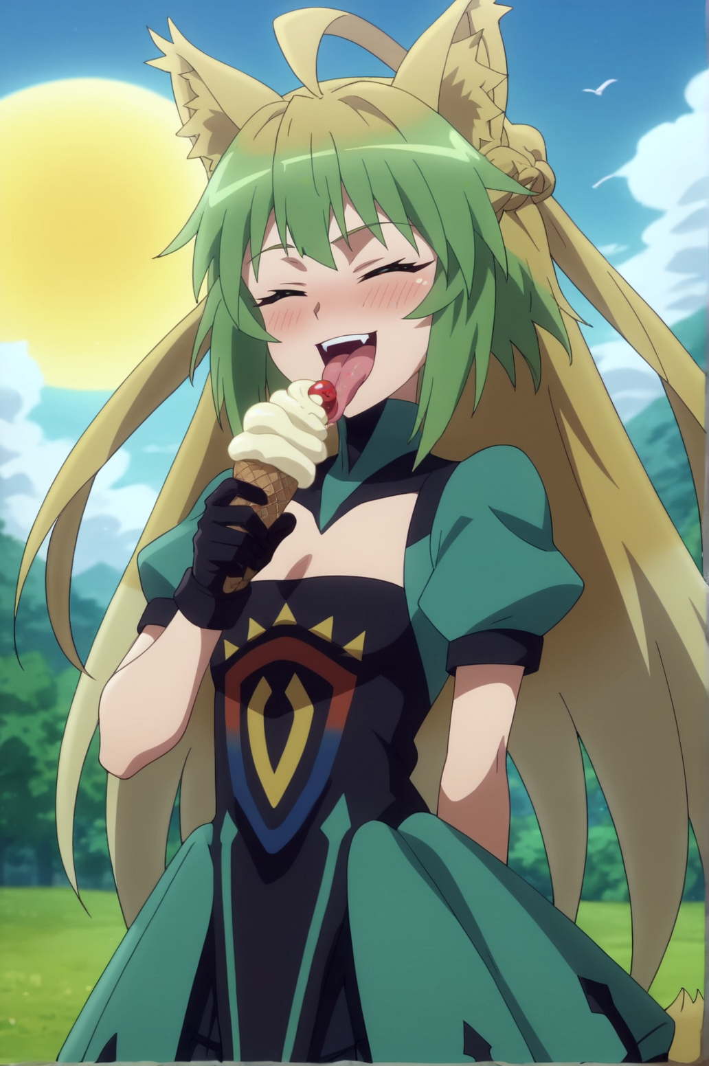 score_9, score_8_up, score_7_up,anime_source, source_anime, best background, detailed background, anime screencap,  Atalanta, outdoors, sun, blue sky, licking ice cream,  cowboy shot blush, happy, <lora:JN_Atalanta:0.8>