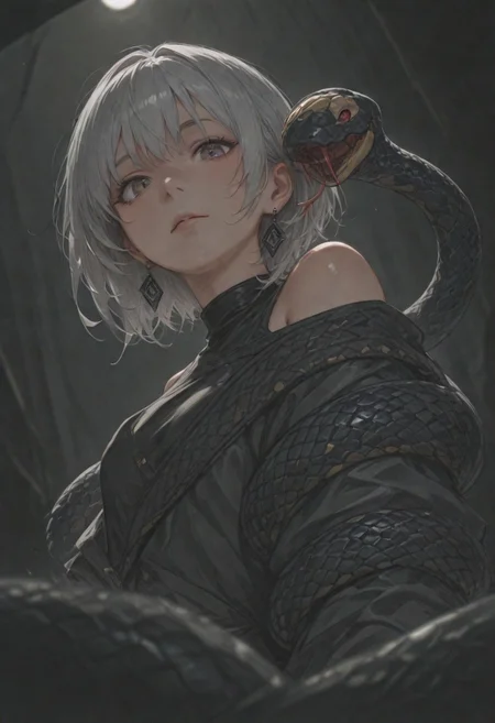 best quality, amazing quality, very esthetic, newest, scenery, high-resolution, masterpiece, detailed eyes, perfect eyes, realistic eyes, depth of field, low angle, bend backward,
1girl, solemn, confident, heterochromia, looking viewer ,solo ,silver hair, short hair, open shoulder, snake trimmed, earrings, jewelry, gloves,
bloom, snake style, volumetric lighting, (fighting stance:0.7).