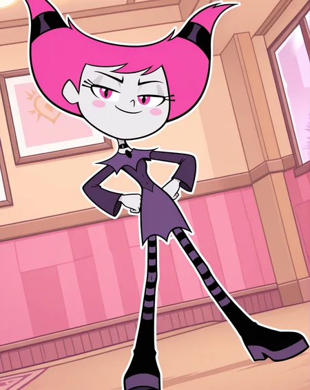 jinx_(Teen_Titans_Go!), 1girl, solo, full_body, pale-white skin, pink cheeks, long eyelashes, thin cat-like pupils, pink hair, horn-shaped pigtails, purple gothic dress, black and purple-striped stockings, black and purple boots, (smile, dutch angle, Hands on hips,naughty pose, looking at viewer, indoors, elegant room, solo, dynamic pose, head tilt,),((White frame, white outline))