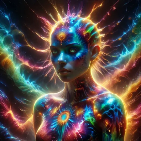 a full body fire entity girl with multicolored flames, purple and blue lights, green and blue flames, pink energy electric eyes, professional photography of an fantastical creature, young woman, shaved head Finely detailed, in a solarpunk environment, looking at viewer, solo, headwear removed, realistic, night blue sky, own hands, spooky makeup, entirely made of stars and galaxies, cyber light trails with whimsical elements, swirling magic, eerie fairytale landscape, elaborate fantasy style art, very colorful, intricate details, ultra sharp, exquisite detail, flawless composition, vivid colors, masterpiece, exciting background, psychedelicai, made out of,colorful,liquid,Murano Art Glass, GlowingInk, mad-glowtiedye, glowneon, glowing, sparks, lightning
