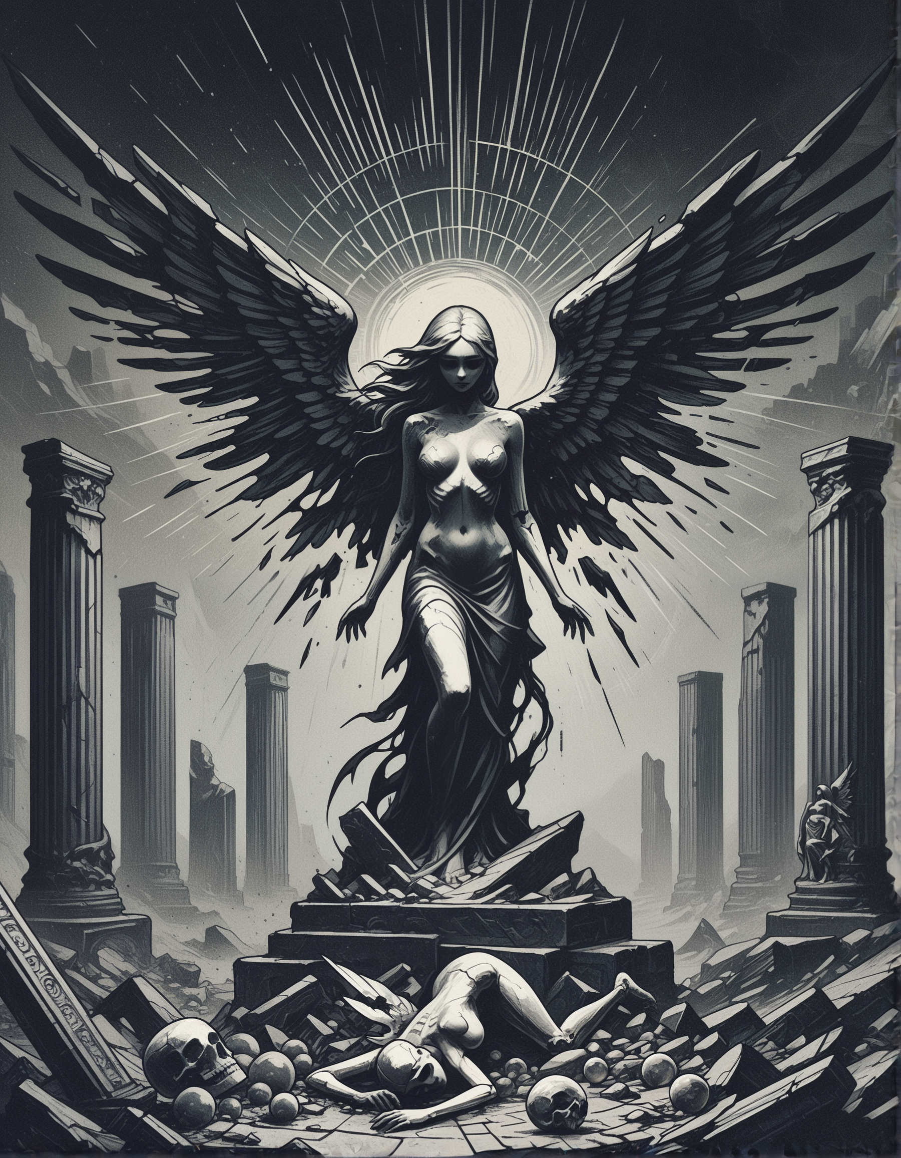 gothic, digital illustration, flat colors, line art, heavy film grain, fallen angel statue, woman, pretty, large bare breasts, marble, broken wings, skeletons, ancient ruins, vast barren landscape, dark atmosphere, eerie
