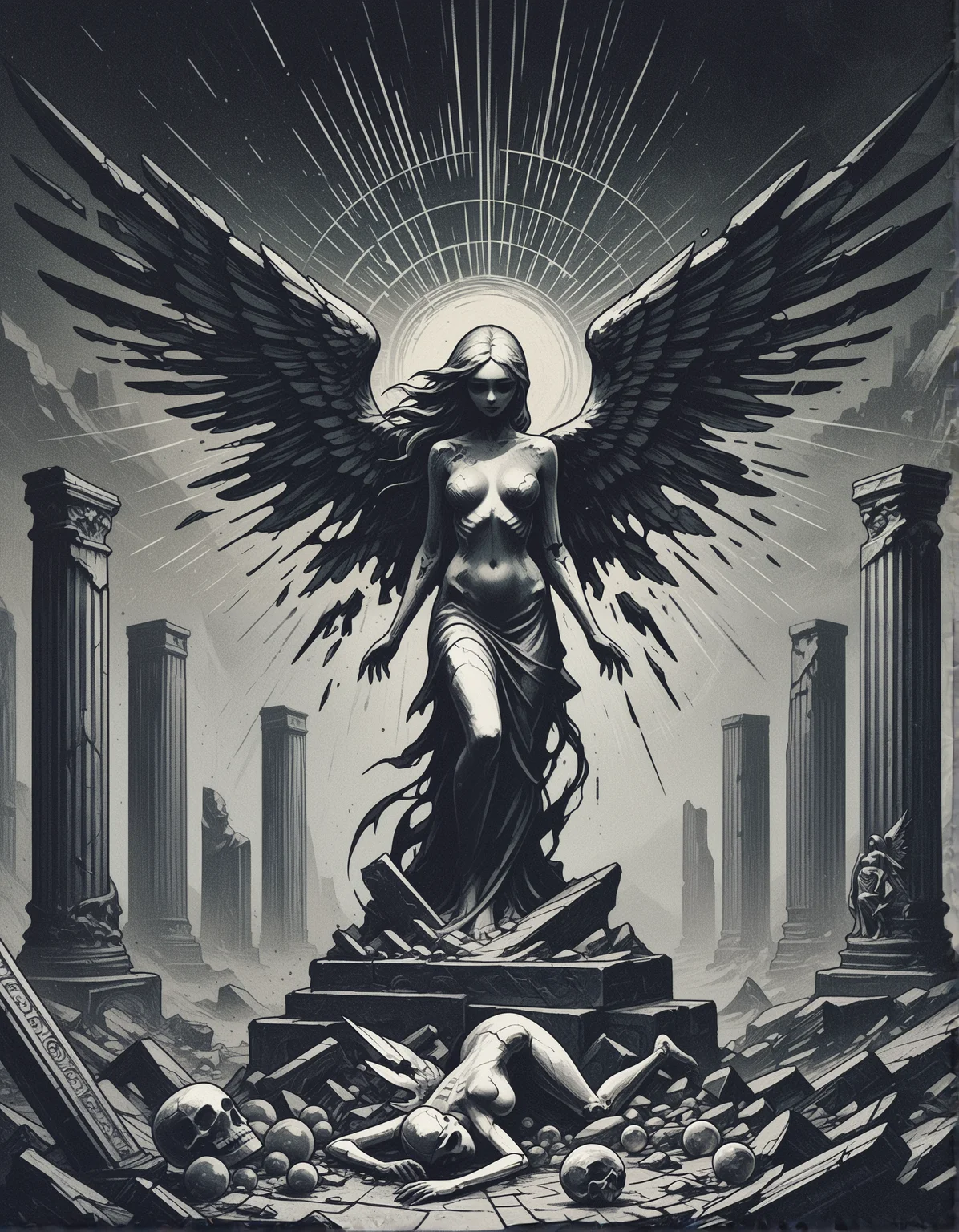 gothic, digital illustration, flat colors, line art, heavy film grain, fallen angel statue, woman, pretty, large bare breasts, marble, broken wings, skeletons, ancient ruins, vast barren landscape, dark atmosphere, eerie