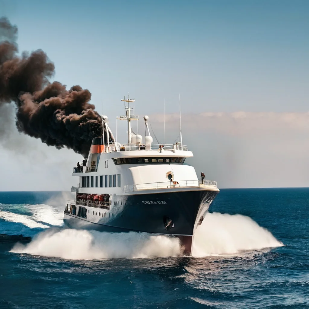 Advertising poster style,  <lora:Advertising:1.5>
A creative photo of  a large boat with smoke coming out of it in the middle of ocean advertising style, Professional, modern, product-focused, commercial, eye-catching, highly detailed