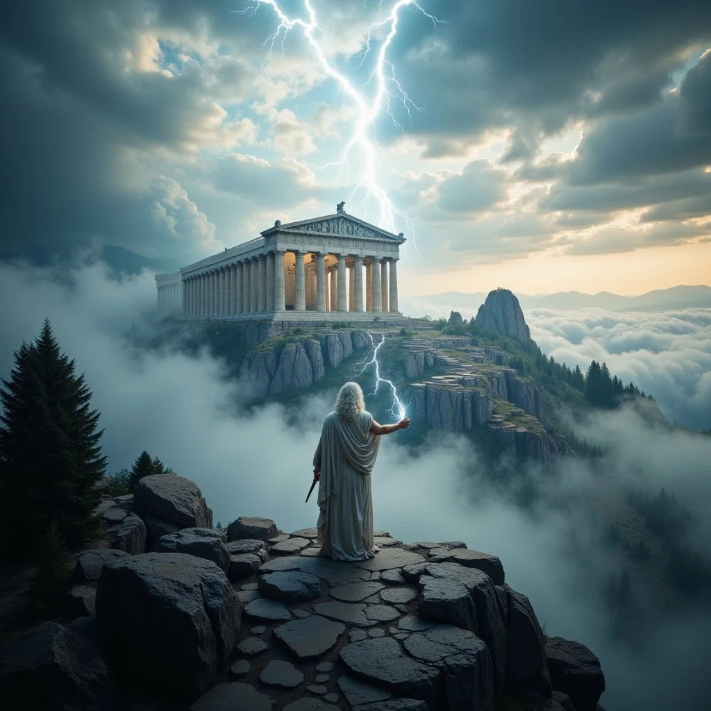 the most realistic, photorealistic photo ever taken [ZEUS HOLDING a thunderbolt in his hand in front of the parthenon in the clouds,  a dream world shifting landscapes, Captured with a Hasselblad X2D 100C and an 80mm f/1.9 lens, hyper-realistic textures, elegant shadows, incredible realism, ultra-detailed textures, perfect lighting] ZEUS,aidmaimageupgrader