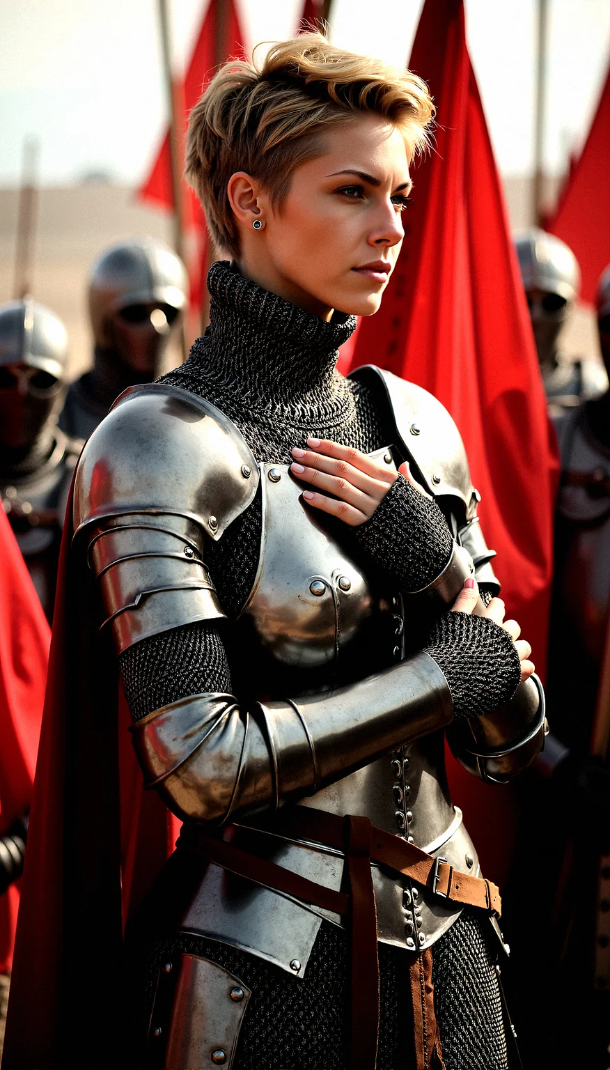 A striking commander 40-year-old woman with short, tousled blonde hair and piercing grey eyes. She wears a meticulously crafted chainmail that contours her muscular build and voluptuous figure. Her thin eyebrows and thicker lips give her an intense and captivating expression. She dons fingerless gauntlets, ready for action. The setting is a medieval fortress, with banners fluttering in the wind and the sound of clashing swords in the background. The lighting is dramatic, highlighting her strong features and the gleam of her chainmail.She is Positioned directly in front of a large, fluttering flag, with her hand over her heart, showing loyalty and patriotism.side profile