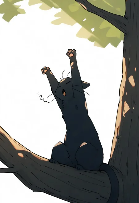 chii-kun \(seedyoulater\), naguru \(cyoroama\),
very awa, masterpiece, highres, absurdres, newest, year 2024, year 2023,
(cat:1.2), black cat, (no humans:1.1), scared, paws, fur, (cute:1.2), comfy, solo, stretching, yawning,
tree branches, OO,
day, sunlight, sunrays,
<lora:TA_trained:0.75>, <lora:ponyv4_noob1_2_adamW-000017:0.33>, <lora:shiroski:0.75>,