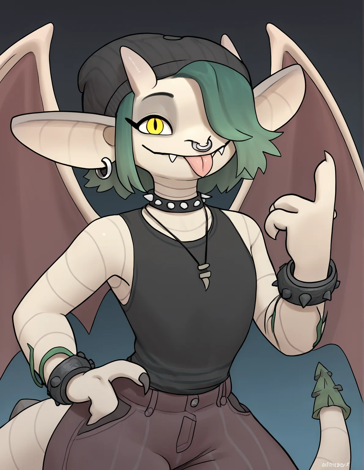 score_9, score_8_up, score_7_up, score_6_up, score_5_up, score_4_up, source_furry, yne, fbk, ivy \(deadlock\), deadlock, valve, gargoyle, 4 fingers, anthro, beanie, black clothing, black topwear, bottomwear, bracelet, choker, claws, clothed, clothed anthro, clothed female, clothing, devil horns \(gesture\), ear piercing, ear ring, facial piercing, female, female anthro, finger claws, fingers, flat chested, front view, furgonomic headwear, furgonomics, gesture, green hair, hair, hair over eye, hand gesture, hat, headgear, headwear, jewelry, membrane \(anatomy\), membranous wings, necklace, nose piercing, pants, piercing, ring piercing, septum piercing, smile, snaggle tooth, solo, spiked bracelet, spiked choker, spikes, tail, tongue, tongue out, topwear, wings, yellow eyes
<lora:ivy-deadlock-v2_pdxl:1>