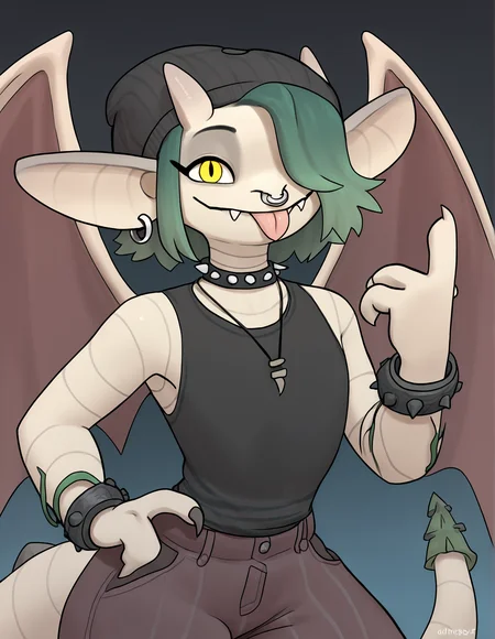 score_9, score_8_up, score_7_up, score_6_up, score_5_up, score_4_up, source_furry, yne, fbk, ivy \(deadlock\), deadlock, valve, gargoyle, 4 fingers, anthro, beanie, black clothing, black topwear, bottomwear, bracelet, choker, claws, clothed, clothed anthro, clothed female, clothing, devil horns \(gesture\), ear piercing, ear ring, facial piercing, female, female anthro, finger claws, fingers, flat chested, front view, furgonomic headwear, furgonomics, gesture, green hair, hair, hair over eye, hand gesture, hat, headgear, headwear, jewelry, membrane \(anatomy\), membranous wings, necklace, nose piercing, pants, piercing, ring piercing, septum piercing, smile, snaggle tooth, solo, spiked bracelet, spiked choker, spikes, tail, tongue, tongue out, topwear, wings, yellow eyes
<lora:ivy-deadlock-v2_pdxl:1>