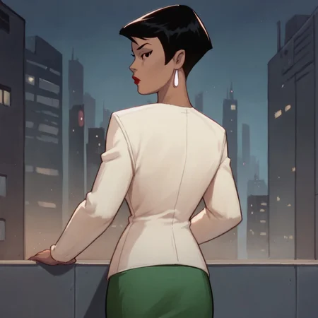 score_9, score_8_up, score_7_up, 1girl, solo, lipstick, black hair, short hair, black eyes, dark skin, cream jacket, green pencil skirt, earrings, Angela Chen (dc), from behind, looking back at viewer, middle of the city, night