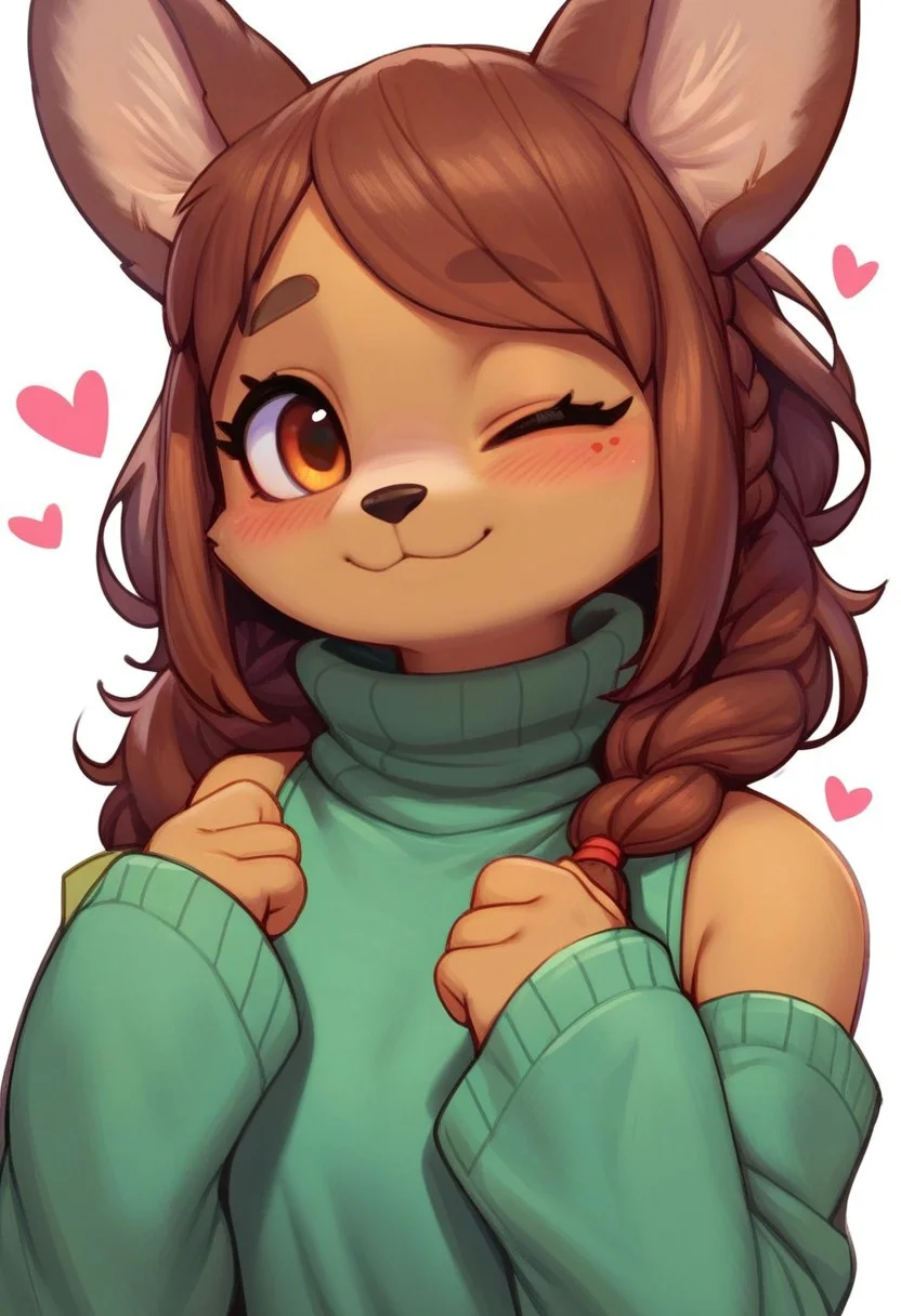 chelodoy, Chelodoy_PS, score_9, score_8_up, score_7_up, score_6_up, source_anime, high res image,masterpiece,best quality, heart, one eye closed, brown hair, braid, 1girl, green sweater, smile, blush, animal ears, furry female, upper body, looking at viewer, long sleeves, long hair, hands up, simple background, white background, closed mouth, turtleneck, bare shoulders, :3, brown fur, detached sleeves, sleeves past wrists