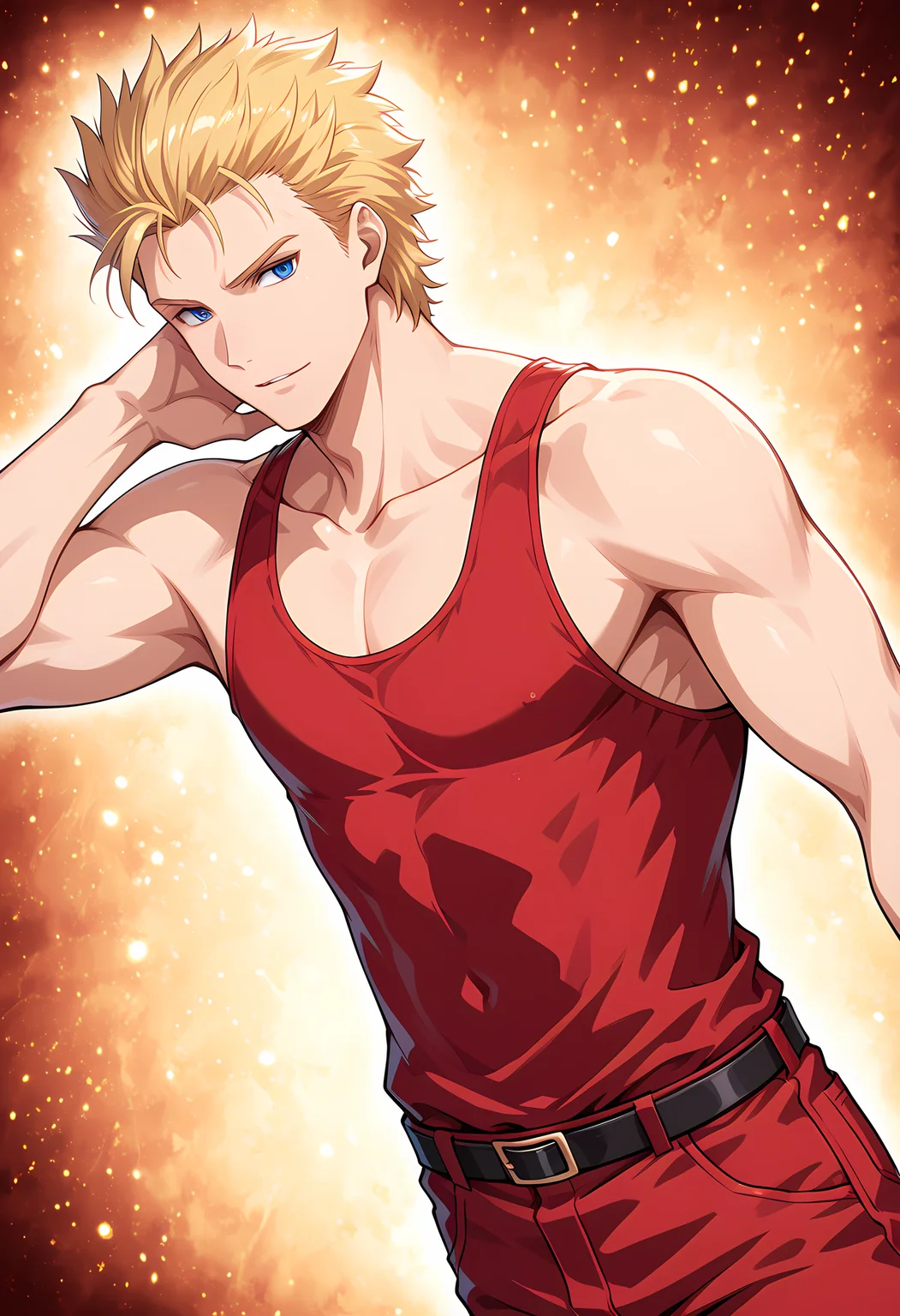 masterpiece, best quality, amazing quality, dutch angle, abstract background, BREAK
solo, male focus, 1boy, vf_jacky, blonde hair, blue eyes, red tank top, red pants, BREAK
<lora:cfg_scale_boost:.6> <lora:Jacky_Bryant_-_Virtua_Fighter_-_ILXL:1>