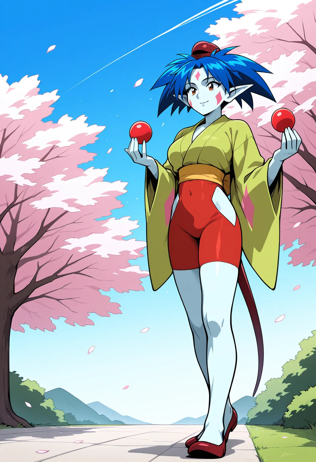 ponko, 1girl, solo, breasts, short hair, long sleeves, blue hair, green japanese clothes, pointy ears, wide sleeves, colored skin, clothing cutout, tail, facial mark, red footwear, red headwear, red eyes, 1990s, retro artstyle
BREAK
Standing, juggling, balls, happy
BREAK
outside, cherry blossoms, blue sky
BREAK
masterpiece,best quality,absurdres,very aesthetic,perspective, <lora:ponko_IL_Lora_v1:1> <lora:StS_Age_Slider_Illustrious_v1:2>