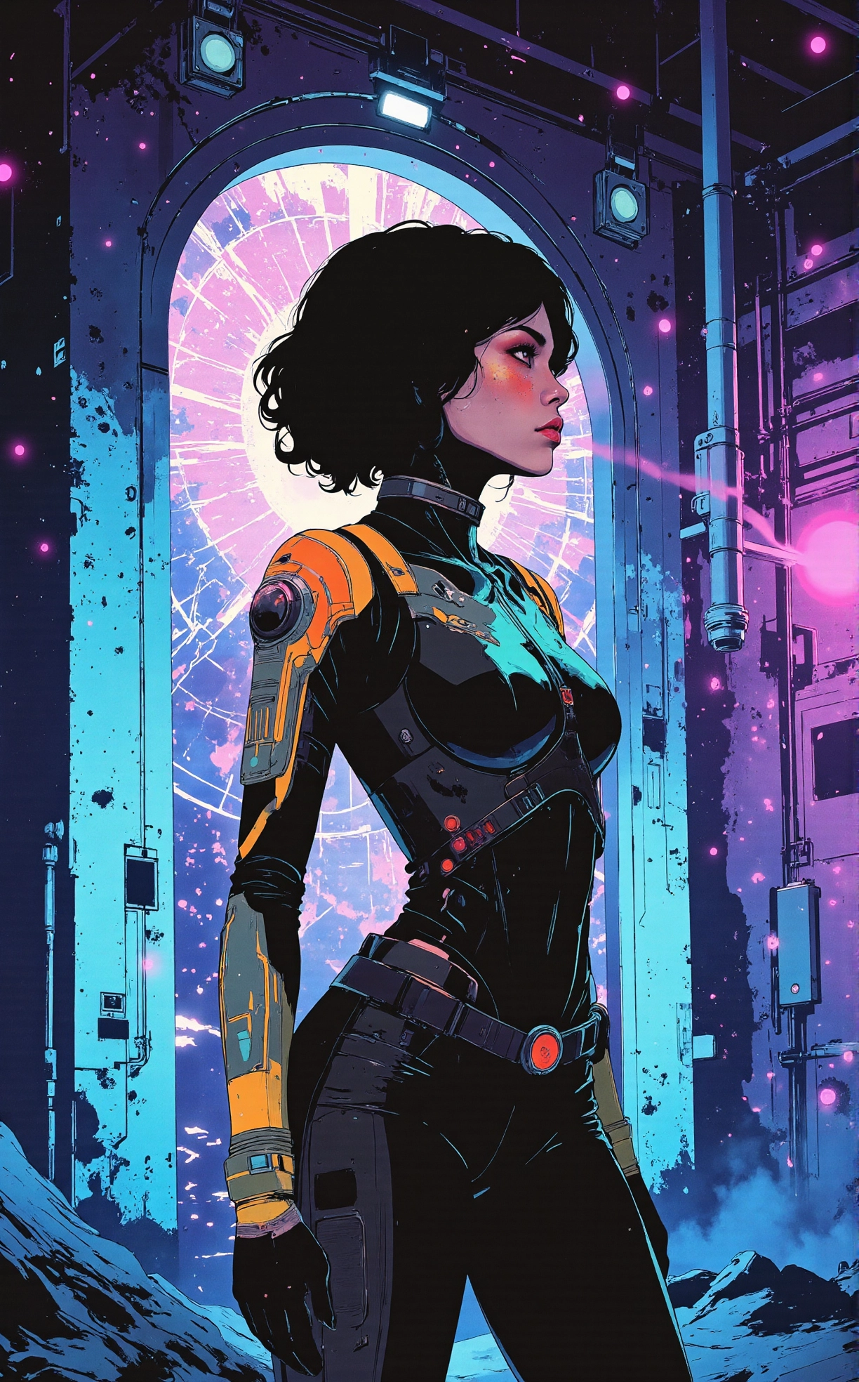 Off-center composition, extreme close-up on facial detail, a woman in a sleek, futuristic bodysuit with an iridescent, holographic finish, oilslick colors. The form-fitting suit features geometric patterns and segmented panels on the shoulders, chest, and forearms, suggesting advanced technology. She has short, curly black hair and a determined expression. The background is a modern, industrial indoor setting with dim lighting that highlights the reflective surfaces of her suit, creating a high-tech, sci-fi ambiance. In Front of a Giant Energy Gate: The shimmering energy gate pulses with vibrant blues and purples, casting an otherworldly glow on everything nearby. Geometric patterns ripple across the surface, hinting at the untold power within., anime artwork comic sci-fi art by Takasaki Masaharu, dark art by Glen Angus, , Fantasy art, epic landscapes, mythical creatures, dramatic lighting, cinematic compositions, Realism, portraits, detailed, lifelike . graphic illustration, comic art, graphic novel art, vibrant, highly detailed . anime style, key visual, vibrant, studio anime, highly detailed