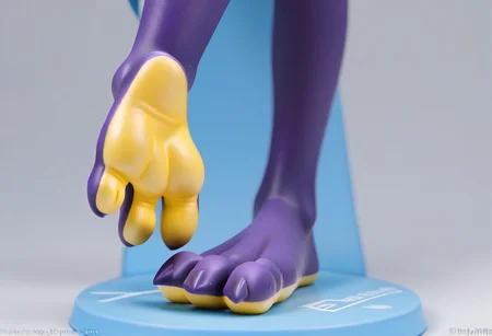 tox_amped, barefoot, purple feet, yellow soles, 3 toes, standing, foot focus, close-up