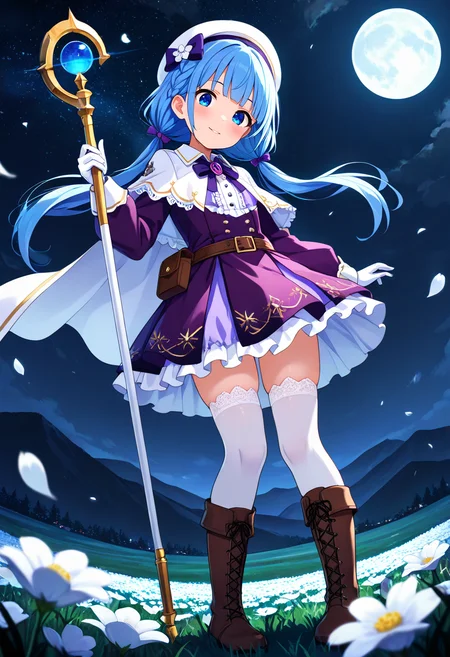 masterpiece, best quality, absurdres, very aesthetic, general,
1girl, blue eyes, white legwear, solo, blue hair, white gloves, outdoors, long hair, white headwear, brown footwear, purple dress, standing, beret, looking at viewer, smile, frills, staff, blush, dutch angle, belt, cross-laced footwear, field, hand up, full body, flower field, hat bow, frilled dress, lace-up boots, center frills, full moon, from below, black bow, brooch, petticoat, starry sky, white flower, white capelet, blue bow, wind, closed mouth, purple skirt, hair flower, wand, belt pouch, grass, low twintails, eyebrows visible through hair, thighhighs under boots, french braid, knee boots, moonlight, low ponytail, purple bow, lace trim, brown belt, night sky, night, depth of field, frilled skirt, hat flower, wind lift, arm up, buckle, glowing, holding staff, lace, buttons, evening, puffy long sleeves, belt buckle, hair bow, white cape, arm at side, horizon, parted lips, scenery, lace-trimmed legwear, black neckwear, single braid, frilled capelet, collared dress, pigeon-toed, head tilt, white thighhighs, purple bowtie, holding wand, fisheye, mountainous horizon, layered dress, falling petals, short dress, mountain, looking down, blunt bangs, crown braid, fold-over boots, neck ribbon, skindentation, pleated dress, hat ornament, flat chest, dot nose, black bowtie, lace-trimmed dress, (dark background:1.4),