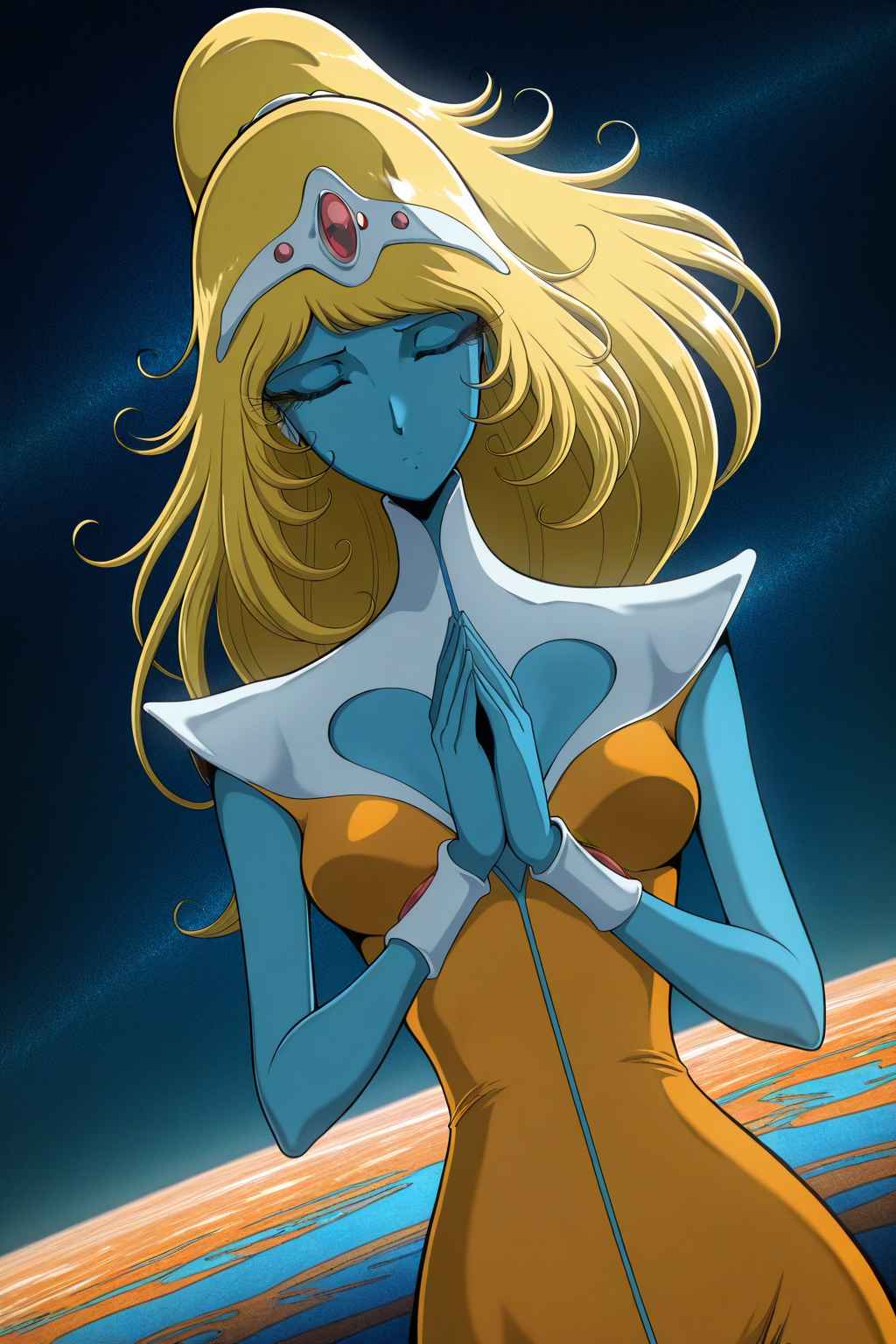 masterpiece, best quality, amazing quality, absurdres, solo, stella5555, closed eyes, own hands together, praying, blonde hair, blue eyes, ponytail, white shoulder pads, blue skin, orange dress, outdoors, abstract background, space, night sky, dutch angle