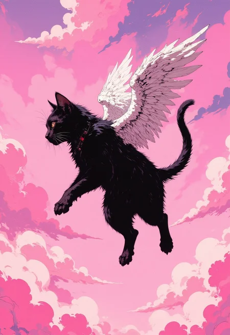 cinematic film still award winning photo .A little black cat with angel wings floating in a sky full of soft pink clouds,shallow depth of field, vignette, highly detailed, high budget, bokeh, cinemascope, moody, epic, gorgeous, film grain, grainy,anime, cyberpunk, Comic book style