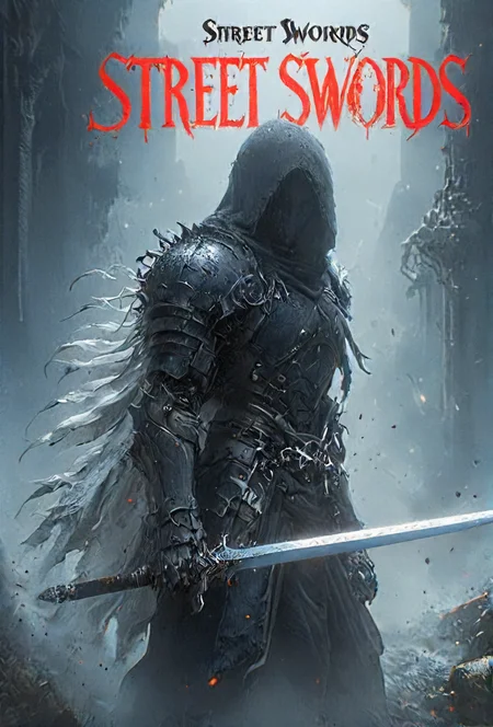 book cover title "street swords",  <lora:cinexart:0.5>, <lora:wizards_vintage_romance:0.6>, <lora:Harrlogos_v1.1:0.8>,        <lora:HKStyle_V3:0.8>  <lora:- SDXL - vanta-black_contrast_V3.0:0.8> <lora:XL_Weapon_Curved_Sword_Slash__-_By_HailoKnight:0.8>  <lora:XL_Cyborg_Samurai_-_By_HailoKnight:0.8> <lora:- SDXL - hevy_armored_mechvari_V1.5:0.8>
