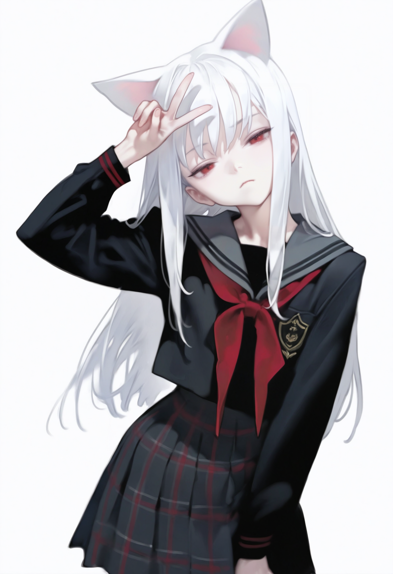 deadpurity,
1girl, animal ears, arm up, black dress, black shirt, cat ears, white ears, closed mouth, dress, head tilt, long hair, long sleeves, looking at viewer, plaid clothes, plaid skirt, red eyes, sailor collar, serafuku, shirt, skirt, solo, v, white background, white hair, disdain, half-closed eyes, dynamic pose, 
, masterpiece, best quality, good quality,
<lora:ai_styles_collection_noob_vpred-1.0-v5:1>