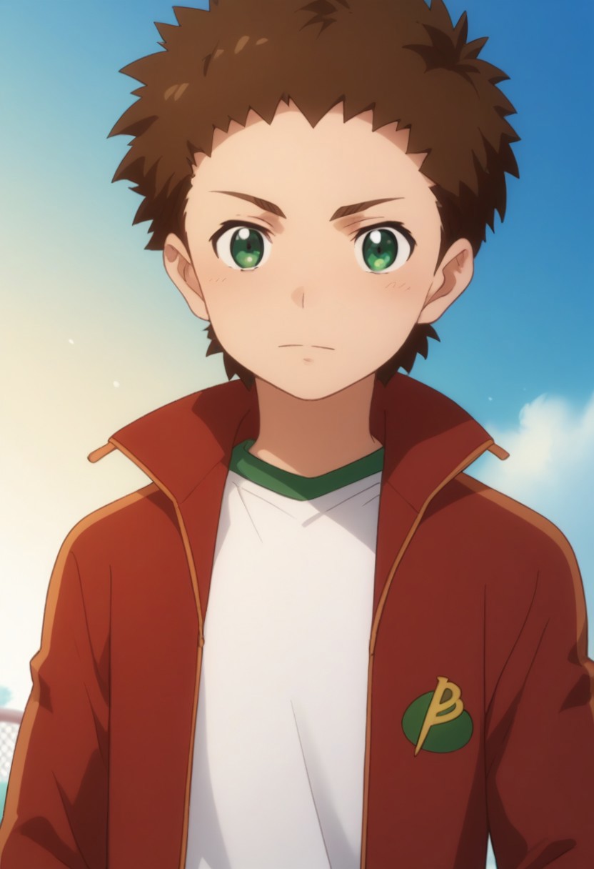score_9, score_8_up, score_7_up, source_anime, highly detailed, 
shou, 1boy, male focus, brown hair, solo, green eyes, shirt, jacket, track jacket, red jacket, track suit, upper body
outdoor, sky,