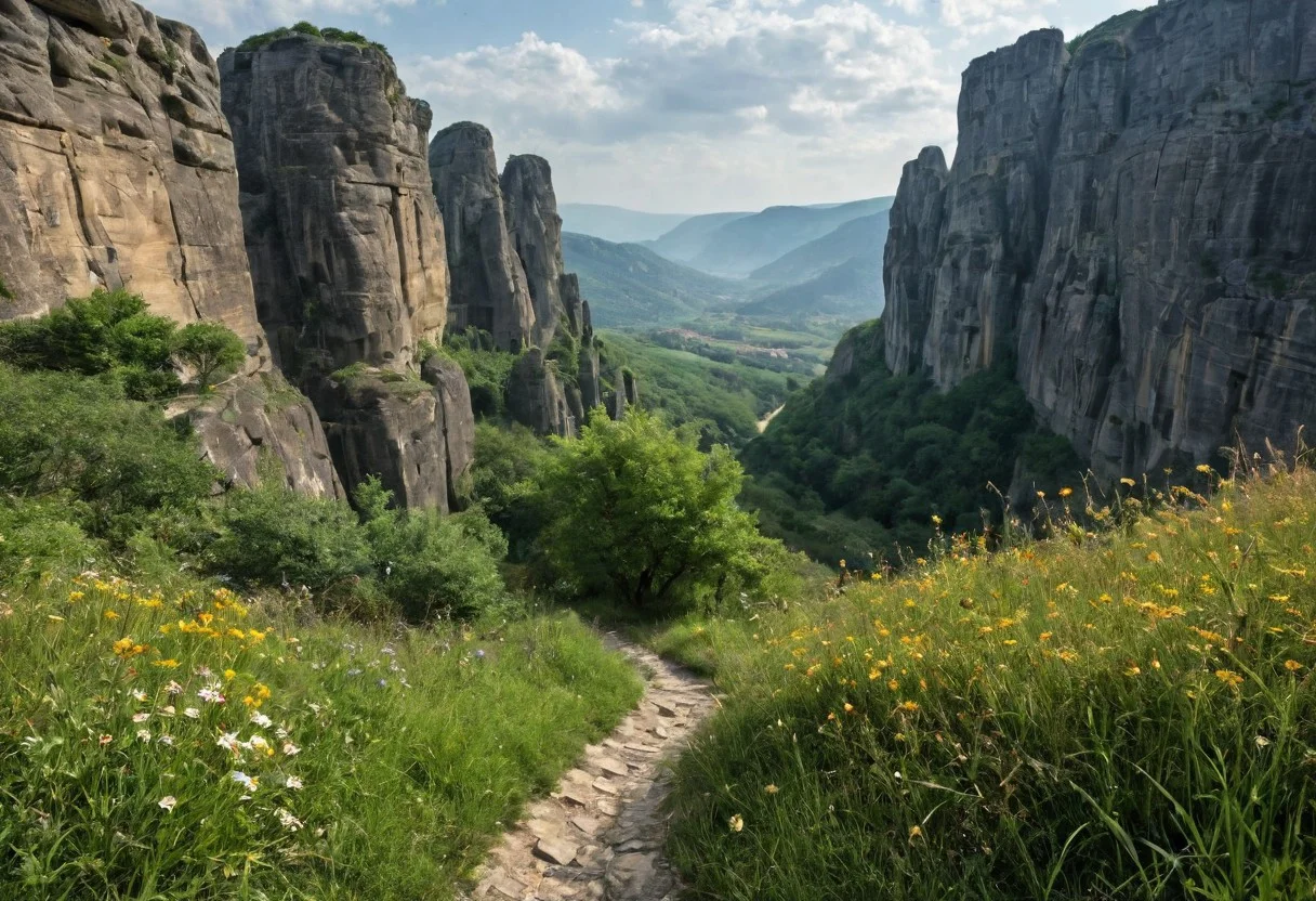 lazypos
Epic karst landscape inspired by Meteora, Greece, in the style of a traditional oil painting, echoing the Hudson River School and Rembrandt’s chiaroscuro. A rugged rocky ledge in the foreground is dotted with wild grass and flowers, bathed in warm late afternoon light. Towering sandstone pillars rise from a misty valley below, their vertical faces catching dappled sunlight and shadow. An ancient Byzantine monastery with red-tiled roofs, arched windows, and wooden balconies clings to the highest cliff, its weathered stone blending into the terrain. The architecture is austere yet harmonious, evoking solitude and resilience. In the middle ground, a lush green valley stretches outward, threaded with cypress trees, wildflowers, and a winding river. Worn footpaths snake through the hills. The sky above is painted with luminous, expressive brushstrokes—towering cumulus clouds glow with golden light as birds glide on the breeze. A masterful composition using the rule of thirds, atmospheric perspective, and rich color to convey both grandeur and serenity.